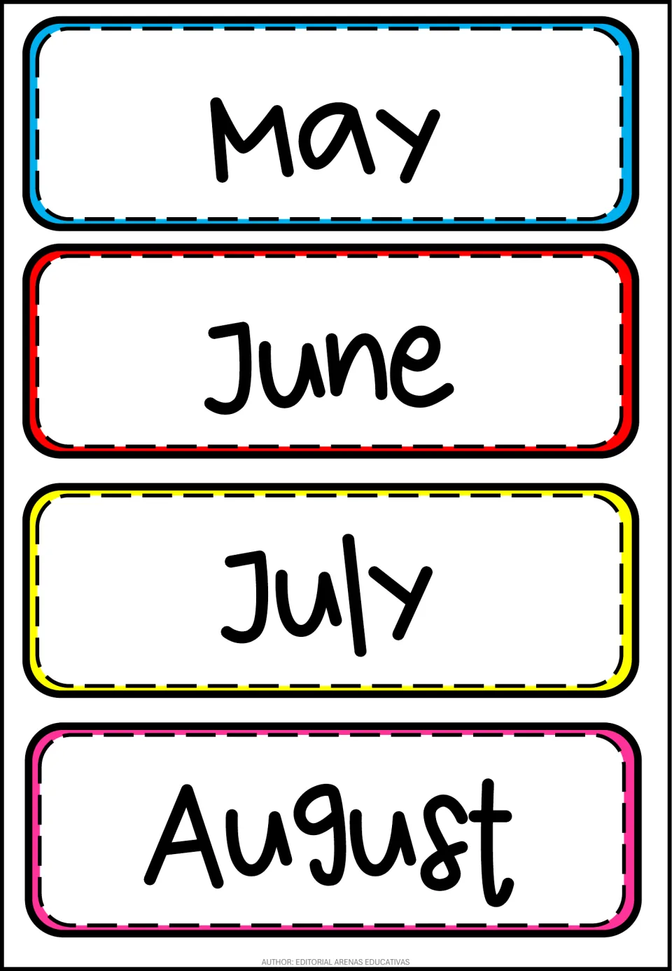 English month labels May, June, July and August in large print, cut-apart cards that match Mayo through Agosto by color