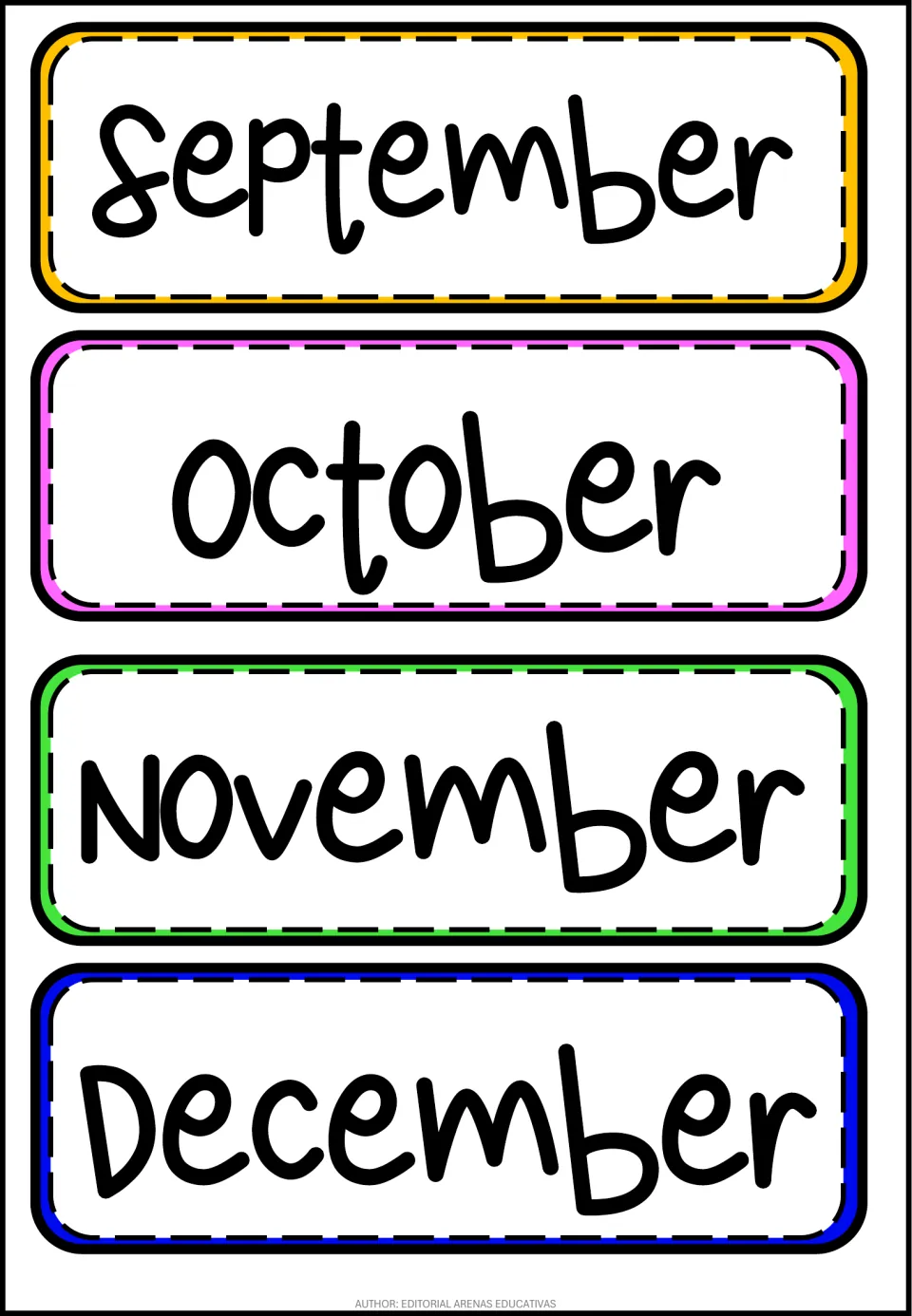 English month labels September, October, November and December in large print, color-matched to the final Spanish cards