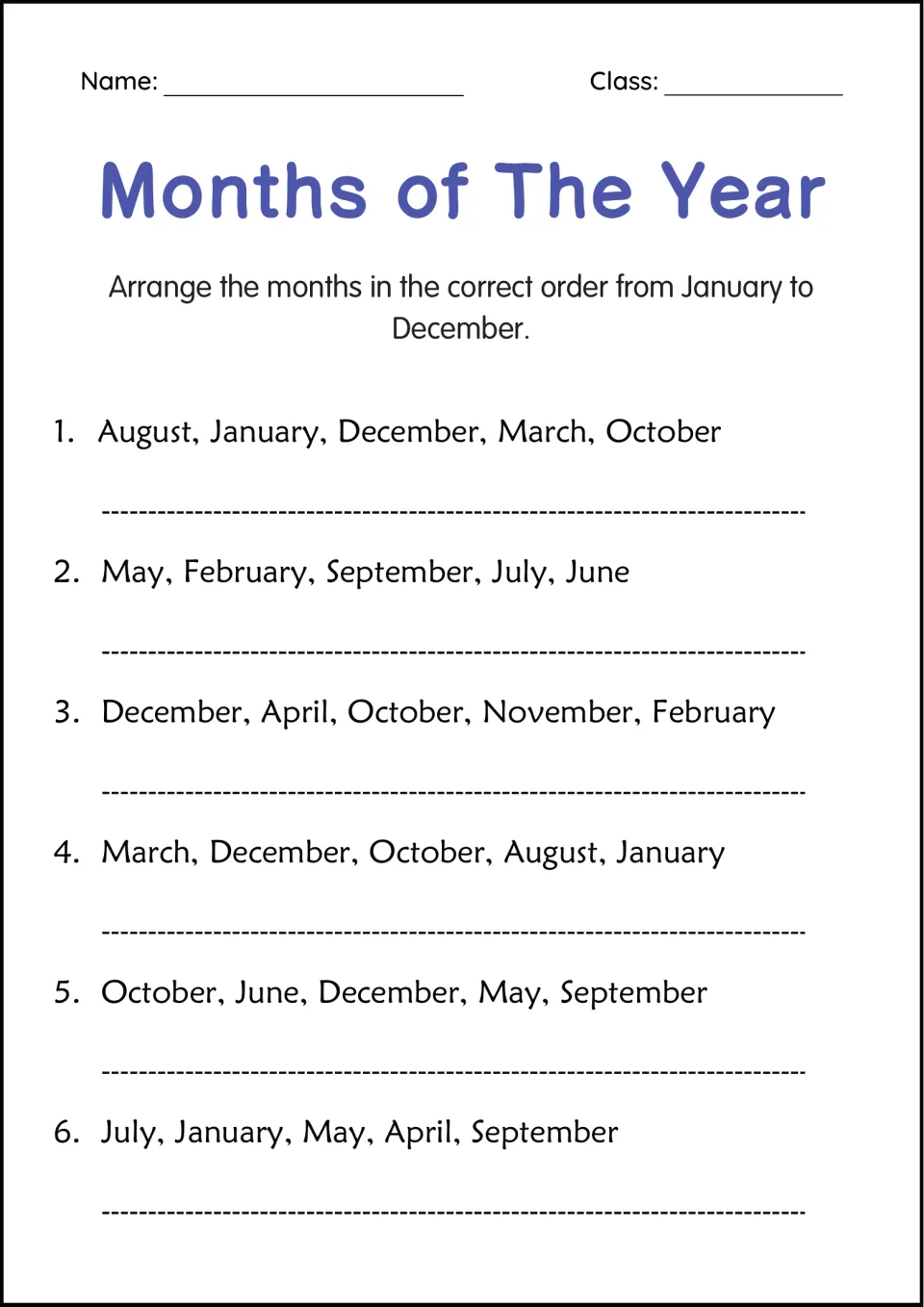 Months in order: students rewrite six scrambled sets of five month names in calendar order from January to December