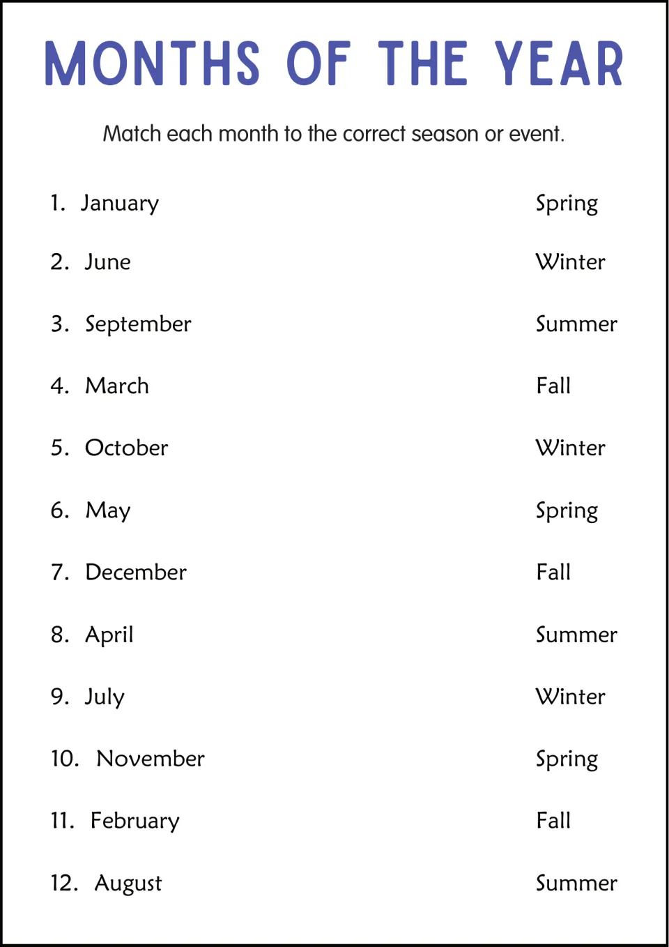 Months and seasons: students match 12 listed months to a season or event from a column of Spring, Summer, Fall and Winter