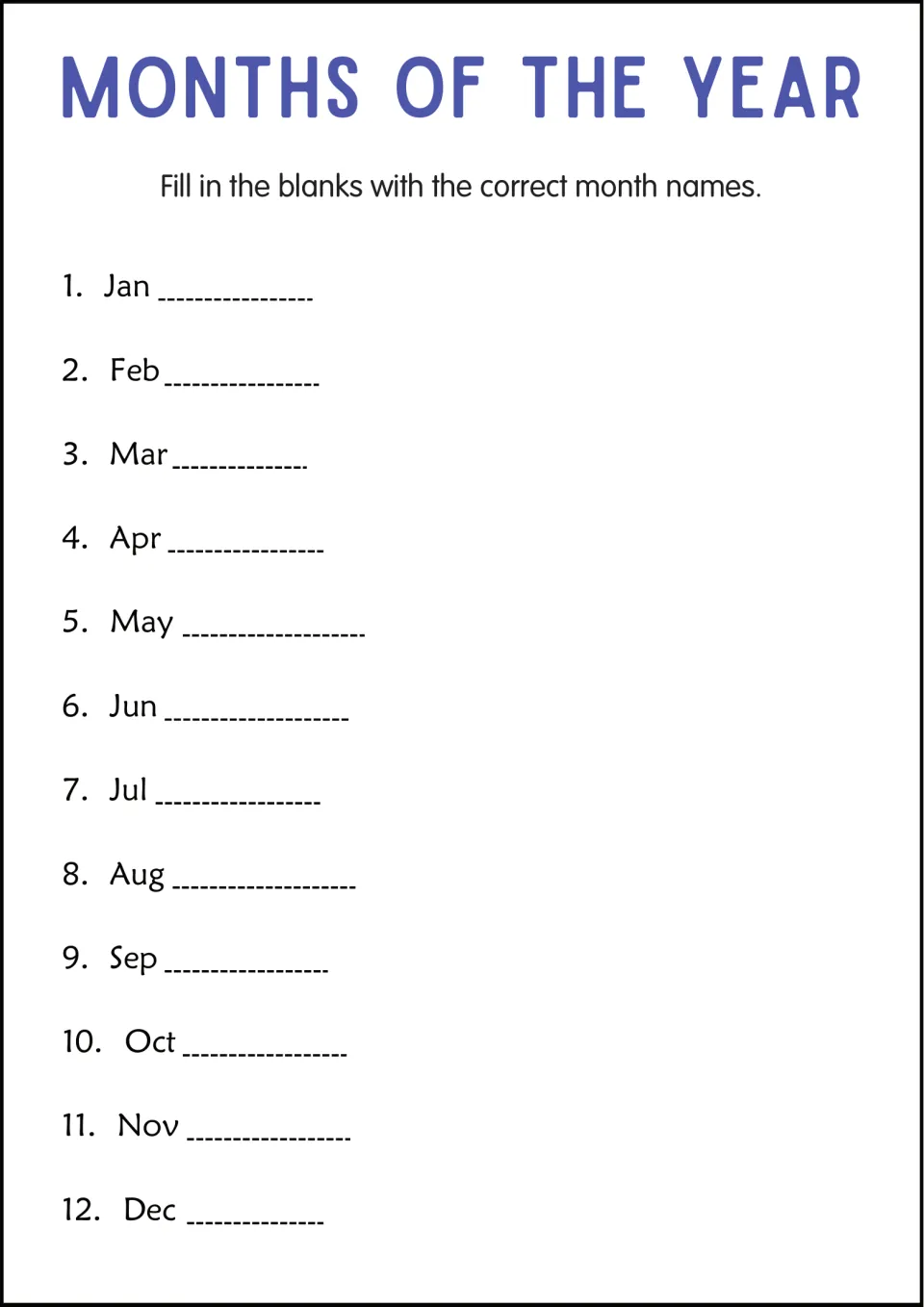 Month abbreviations: students write the full month name after each short form, from Jan and Feb through Nov and Dec