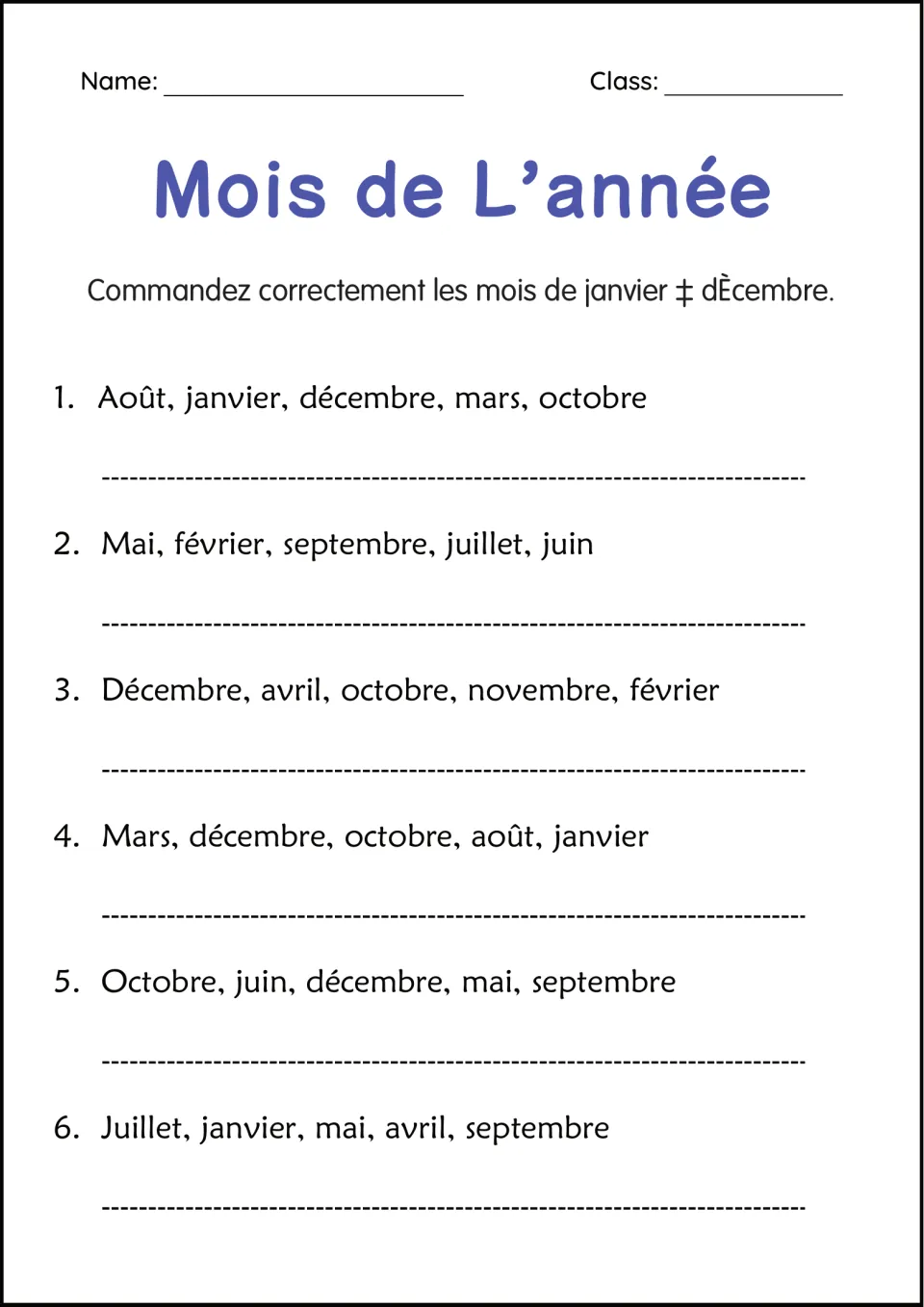 French month ordering practice: six sets of five months, including janvier (January) and août (August).