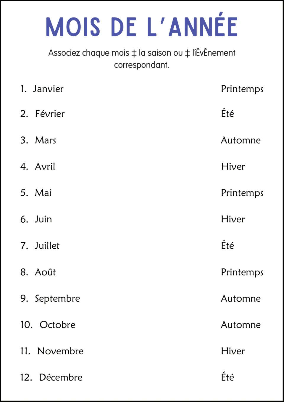 French season matching practice: 12 months and printemps (spring), été (summer), automne (fall), hiver (winter).
