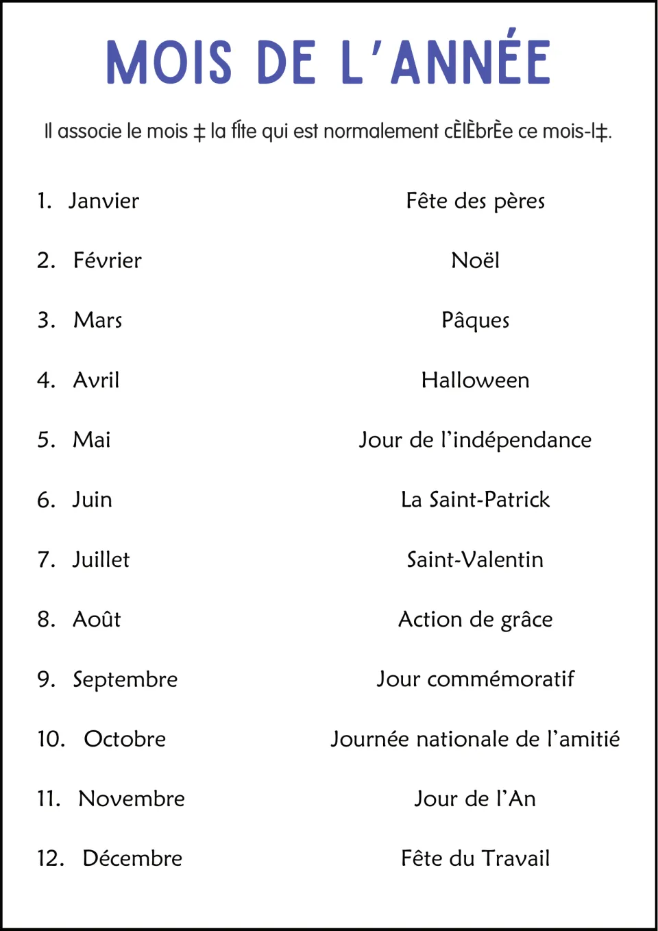 French holiday matching practice: 12 months and celebrations including Noël (Christmas) and Pâques (Easter).