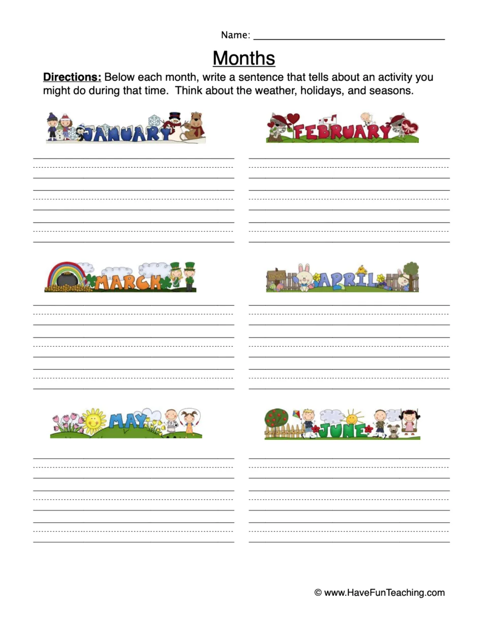 Months writing, January to June: students write a sentence under each month about an activity, weather or holiday