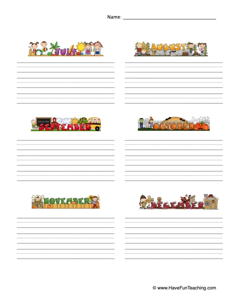 Months writing, July to December: students write a seasonal activity sentence below each illustrated month banner