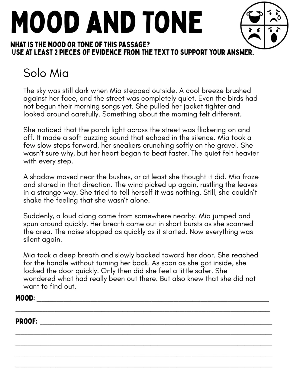 Solo Mia passage: students read about Mia hearing noises outside before dawn, name the mood and cite 2 quotes as proof
