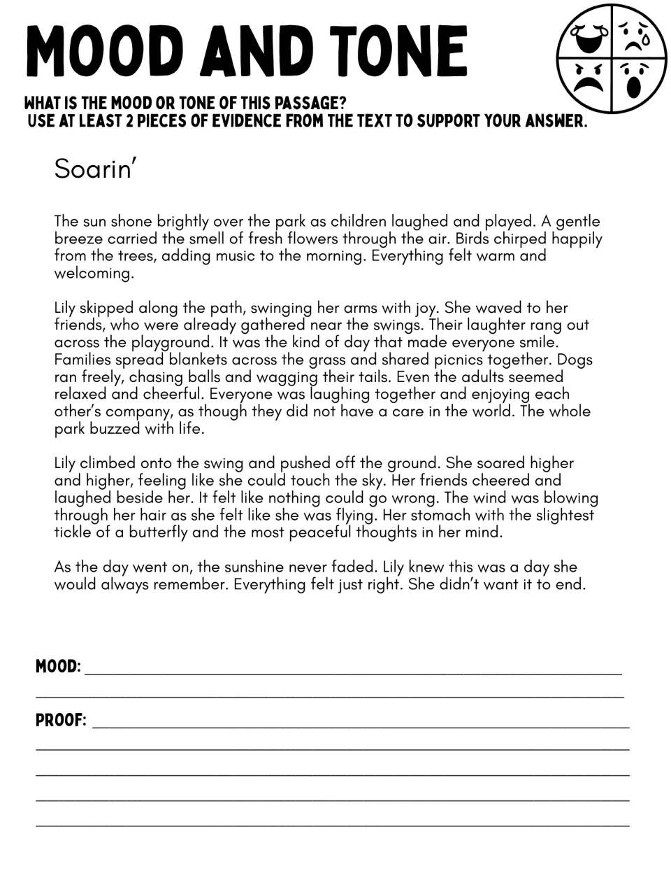 Soarin' passage: students read about Lily swinging on a sunny day at the park, then identify the mood and give text proof