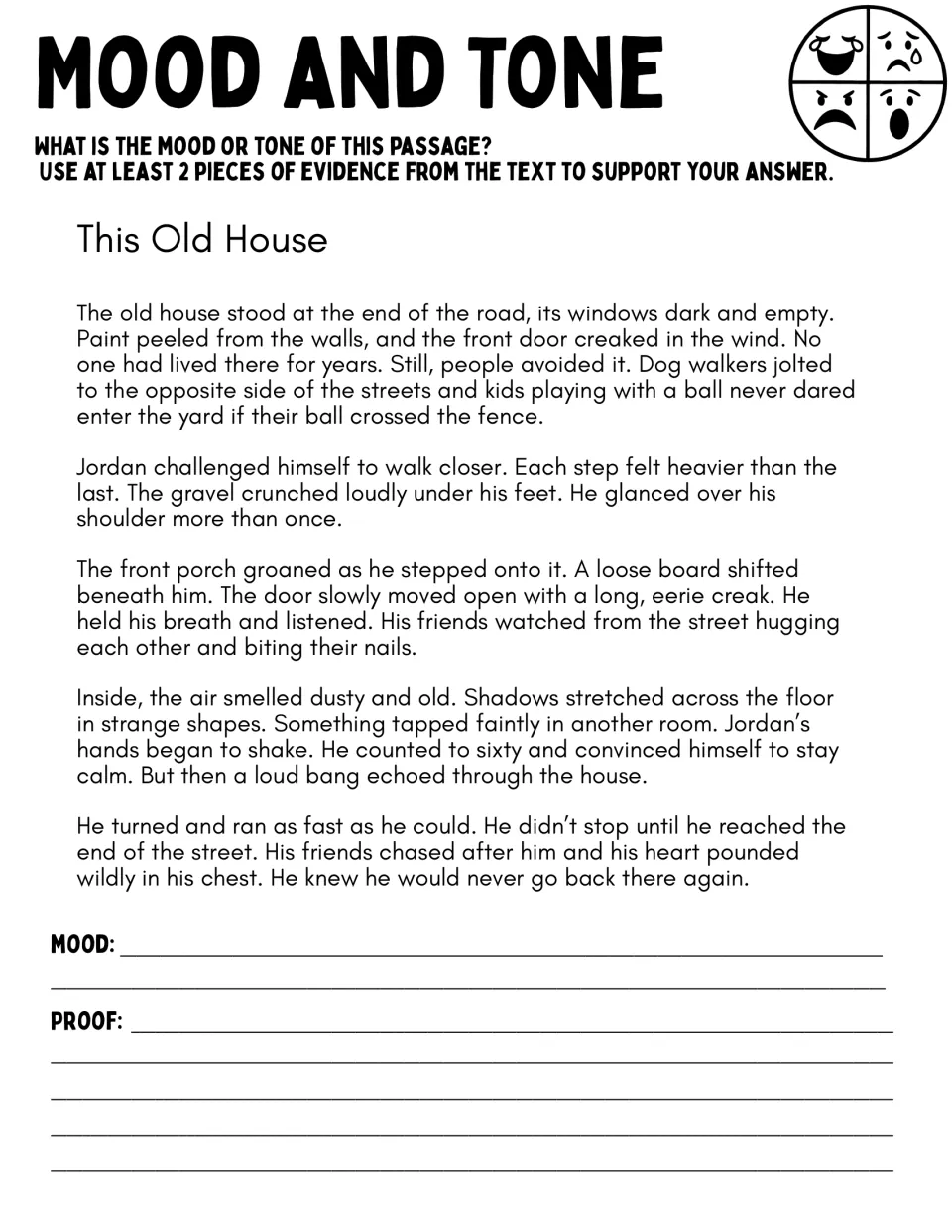 This Old House passage: Jordan dares to enter an abandoned house; students name the mood and back it with 2 text quotes