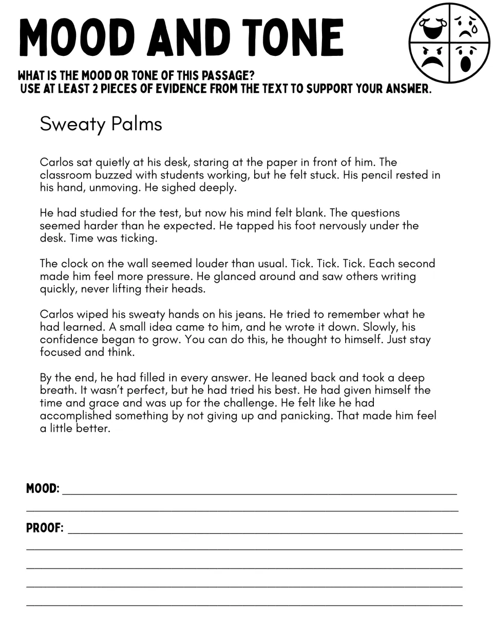 Sweaty Palms passage: Carlos gets nervous during a test then calms down; students state the mood and quote proof from it