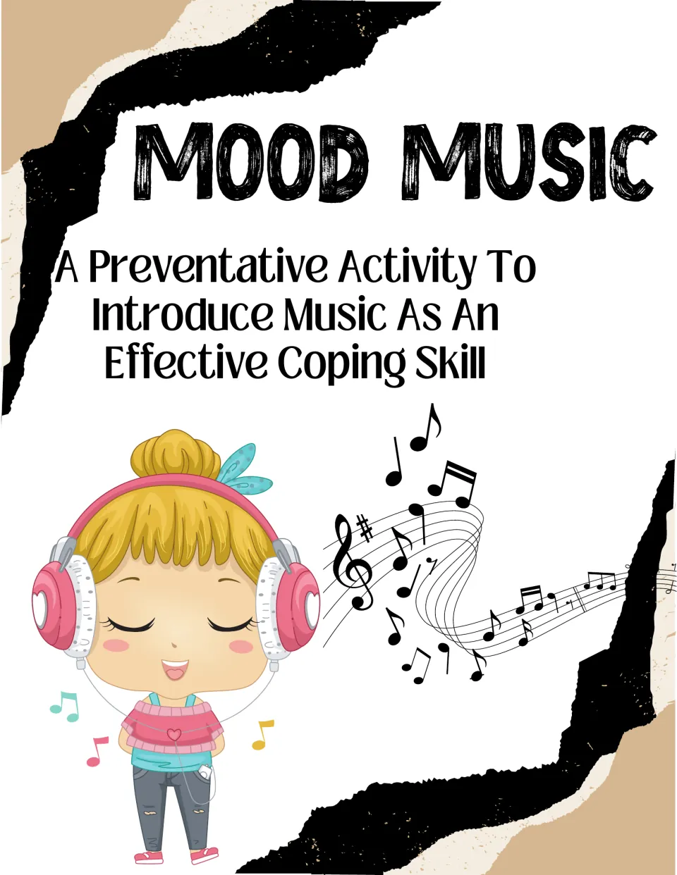 Mood Music cover: a preventative activity introducing music as a coping skill, with a girl in headphones and notes