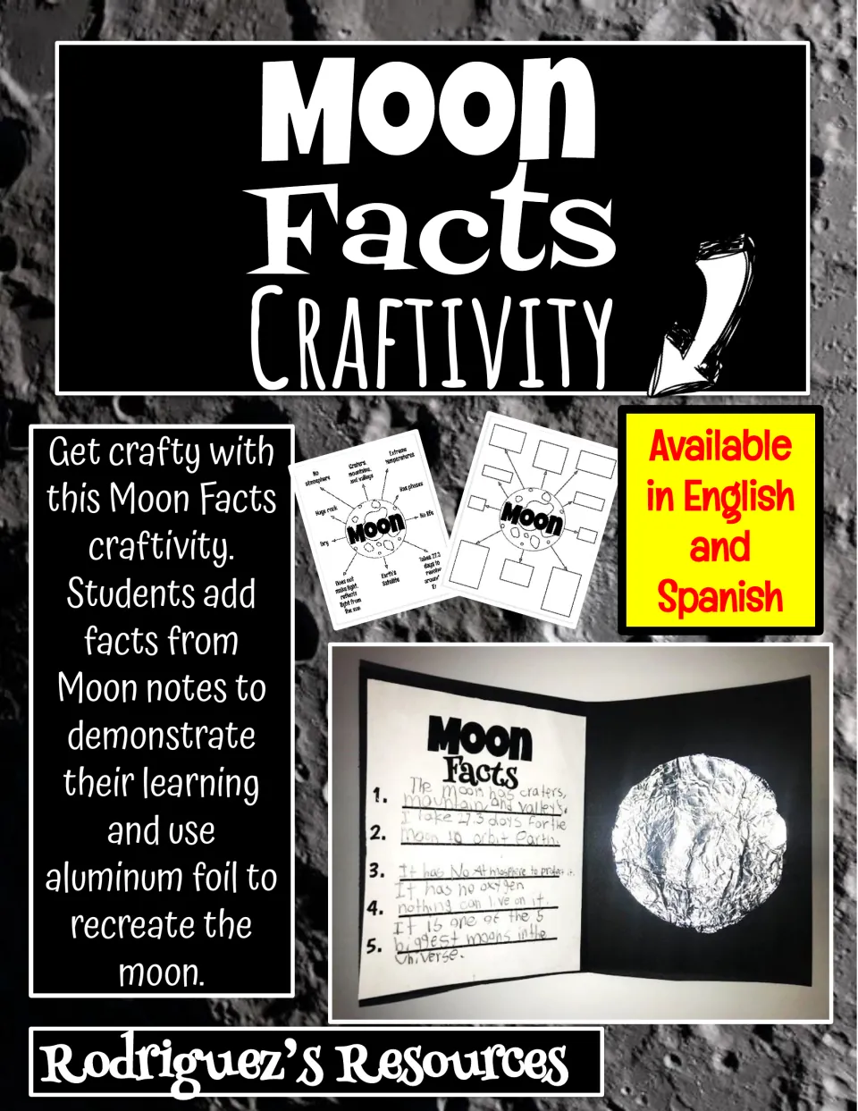 Moon Facts Craftivity cover showing English and Spanish materials and a completed aluminum foil moon project