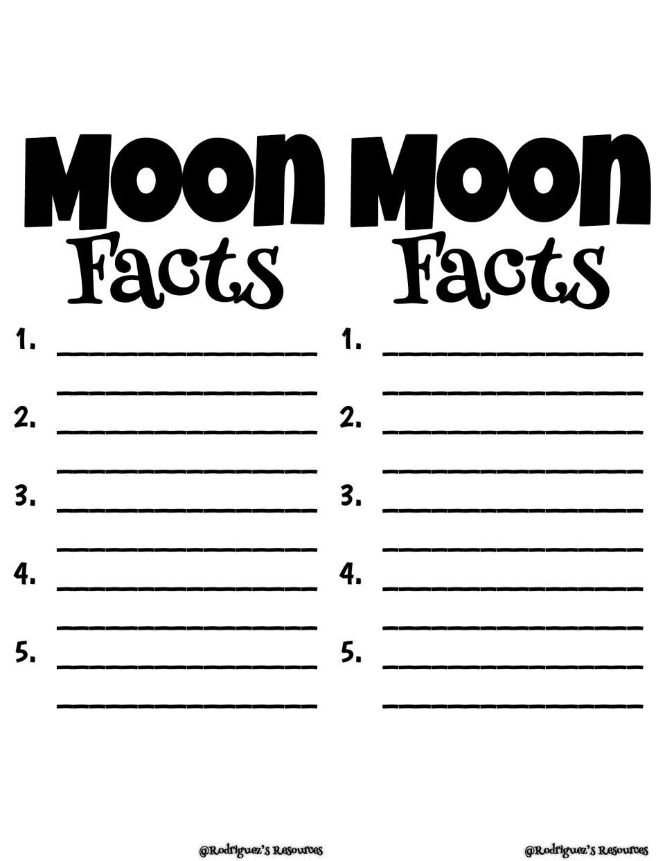 English craft writing template headed Moon Facts, printed twice, with space to write five facts per copy