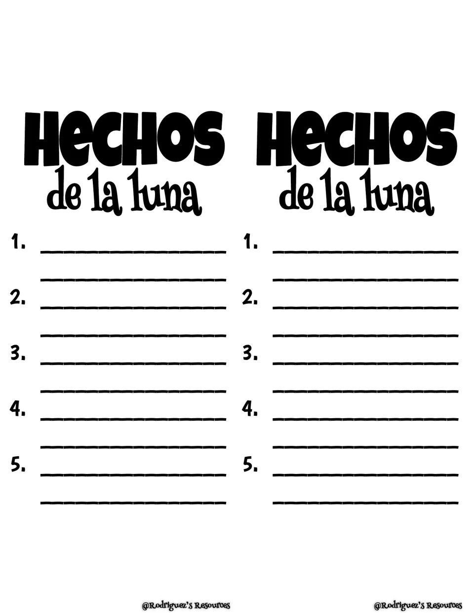 Spanish craft writing template headed Hechos de la luna (Moon Facts), printed twice for five facts per copy