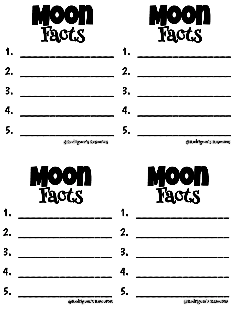 English craft writing template headed Moon Facts, printed four times for students to record five facts