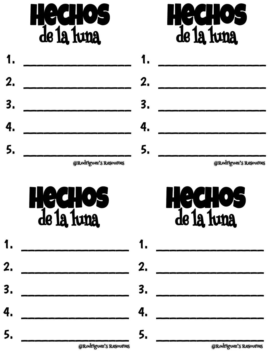 Spanish craft writing template headed Hechos de la luna (Moon Facts), printed four times for five facts each