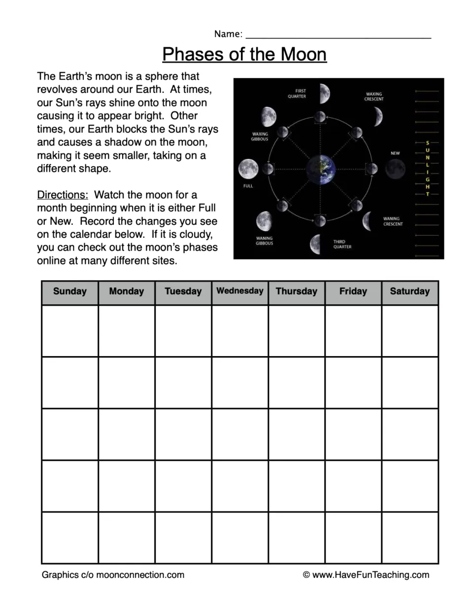 Phases of the Moon: students watch the moon for a month and record its changing shape daily, using a labeled phase diagram