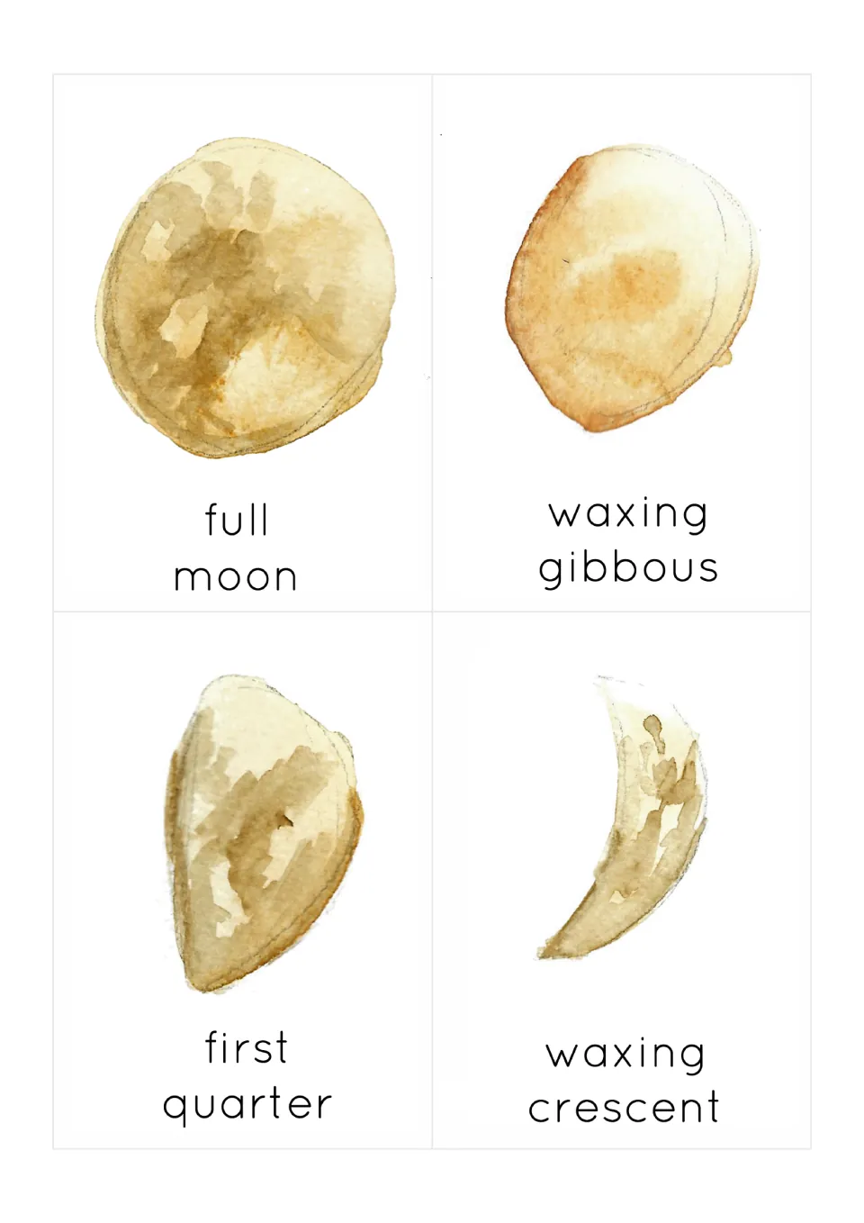 Illustrated moon phase flashcards 1–4: full moon, waxing gibbous, first quarter, and waxing crescent.
