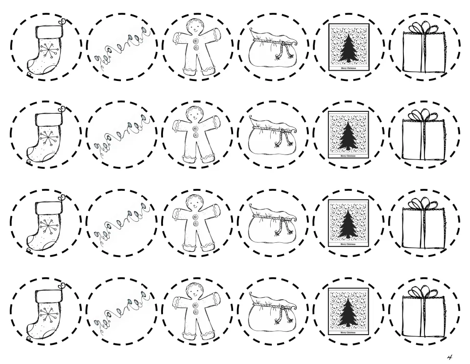 Sequencing cut-outs: four rows of a stocking, lights, gingerbread man, sack, Christmas card and gift for students to color