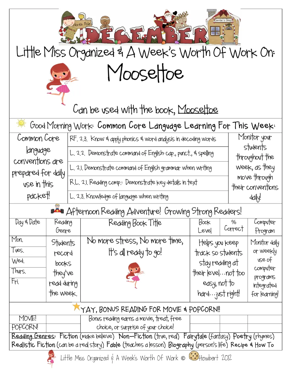 Reading packet cover and overview introducing morning language practice and afternoon reading records