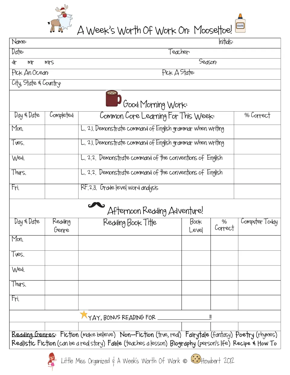 Weekly tracker for morning language work and afternoon reading, including book titles, genres, and levels