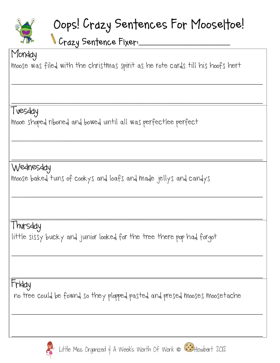 Daily sentence correction practice uses five sentences about Moose's cards, shopping, baking, and tree