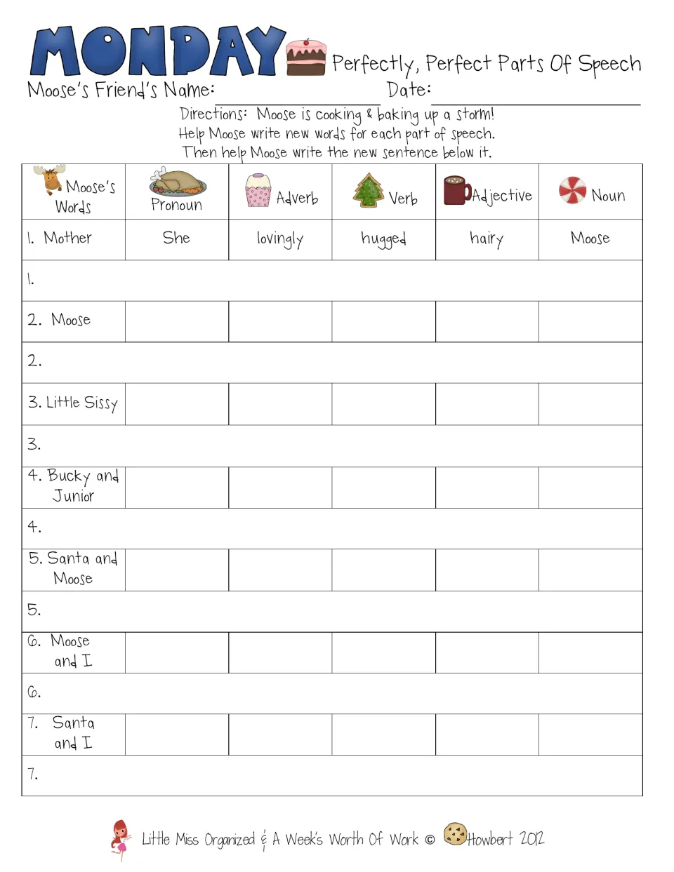 Monday's parts of speech activity asks students to choose pronouns, adverbs, verbs, adjectives, and nouns
