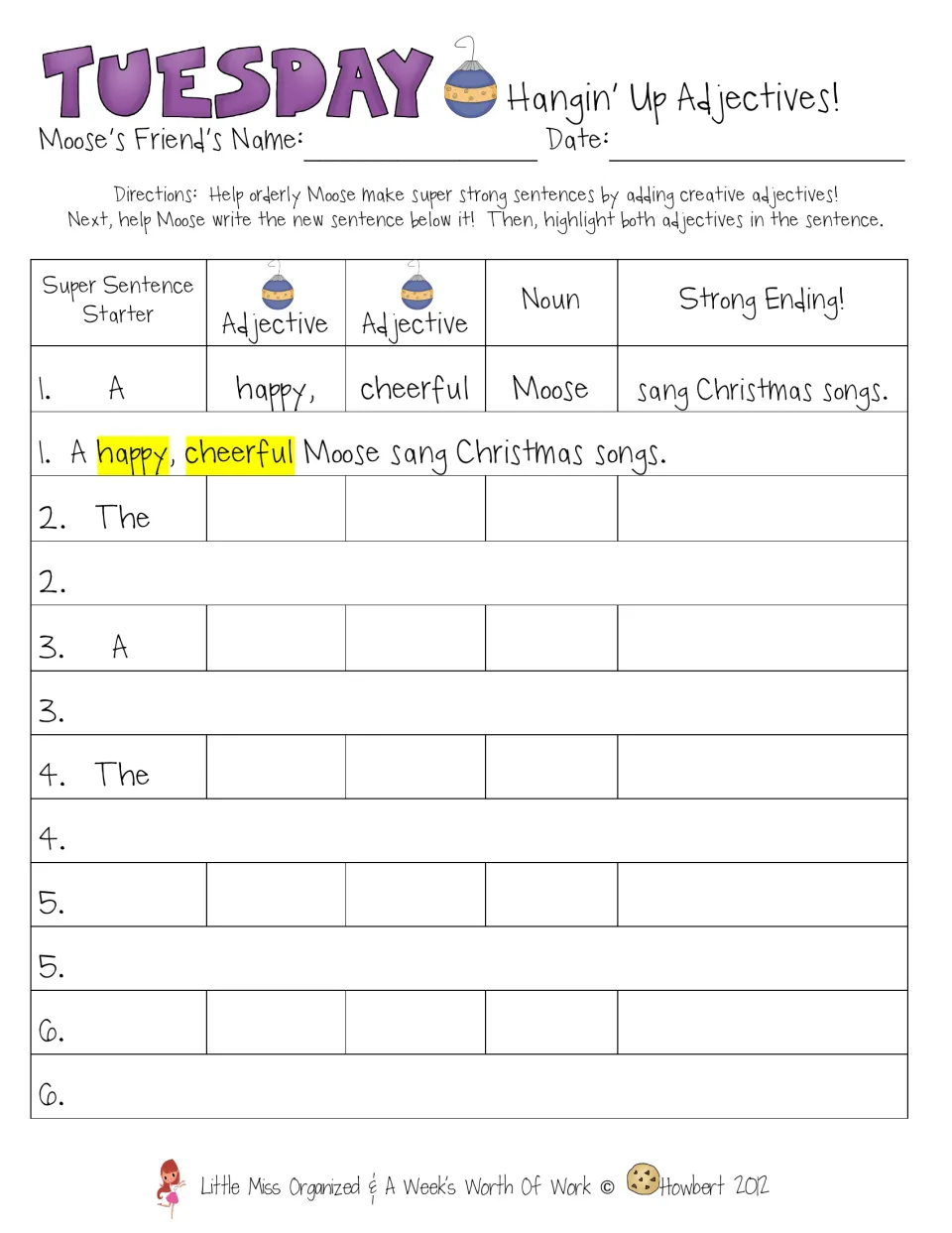 Tuesday's adjective activity asks students to add two adjectives, write sentences, and highlight both