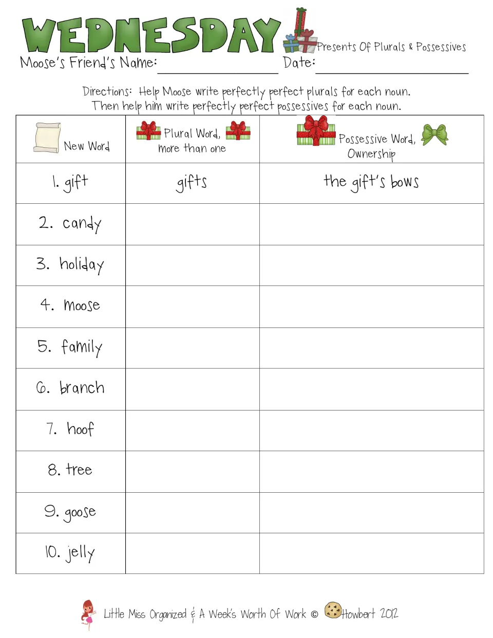 Wednesday's plural and possessive practice uses 10 nouns, including gift, candy, holiday, moose, and hoof