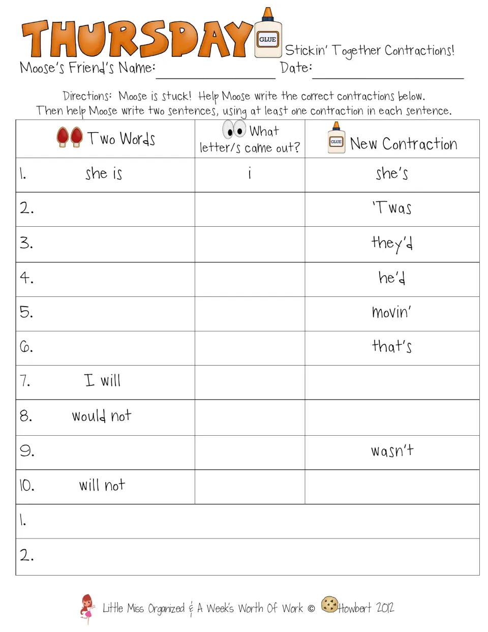 Thursday's contraction activity has 10 entries for word forms and omitted letters, plus two sentences