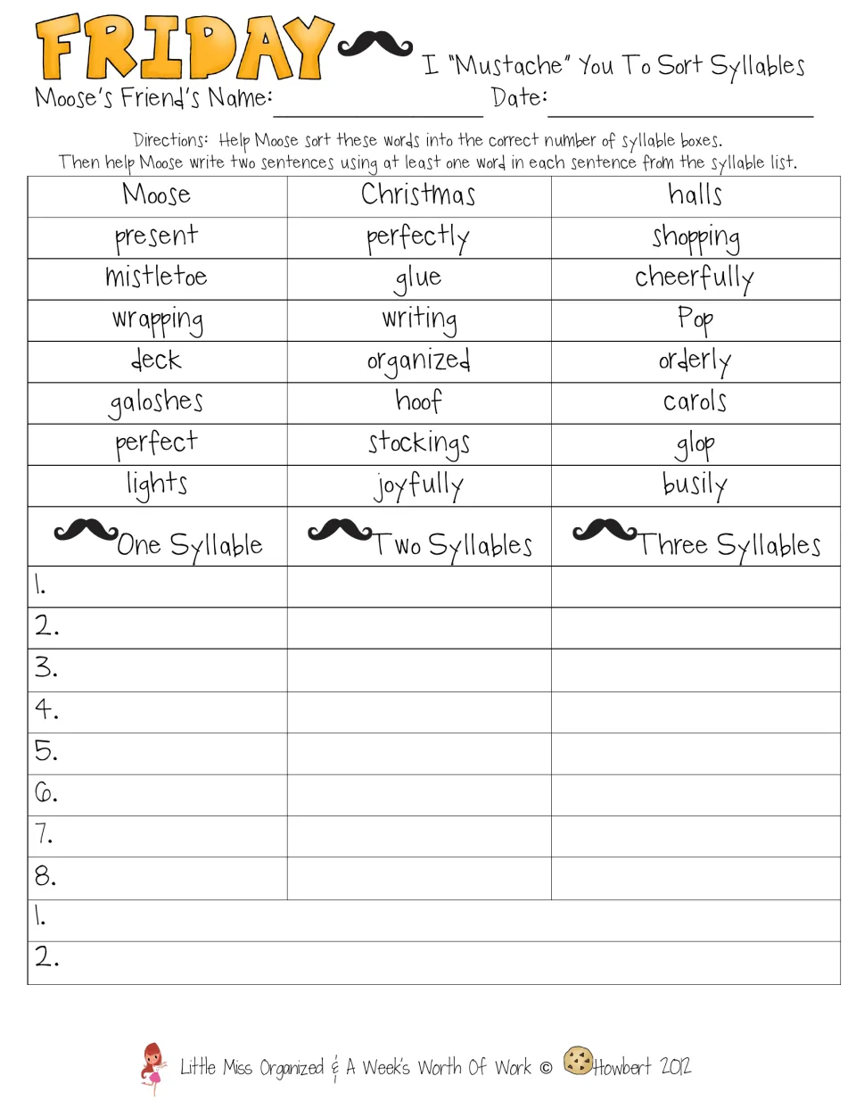 Friday's syllable activity sorts 24 words into one, two, or three syllables, then asks for two sentences