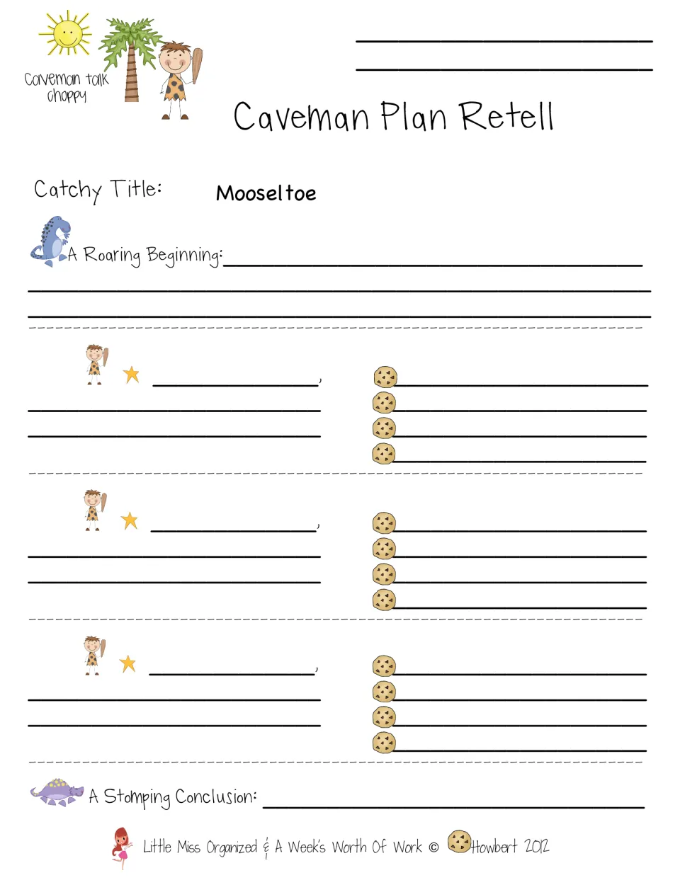 Story retelling planner prompts a catchy title, a roaring beginning, three detail sections, and a conclusion