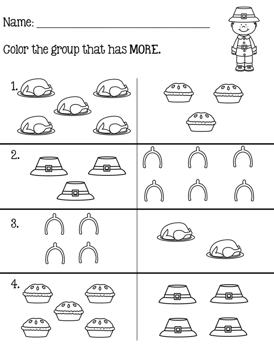 'Color the group that has MORE': 4 Thanksgiving pairs, such as 5 turkeys vs. 3 pies and 3 hats vs. 6 wishbones