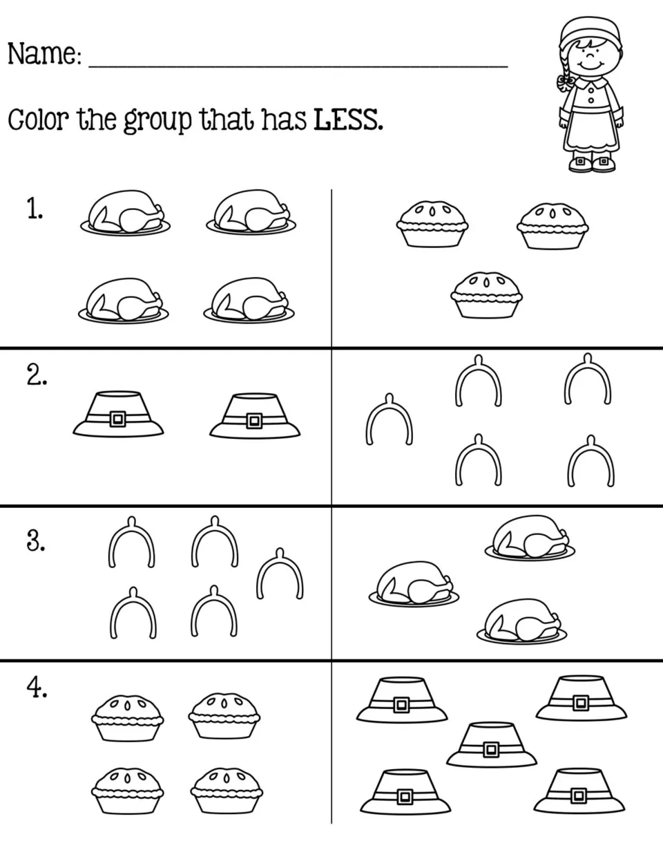 'Color the group that has LESS': 4 Thanksgiving pairs, such as 2 pilgrim hats vs. 5 wishbones and 4 pies vs. 5 hats
