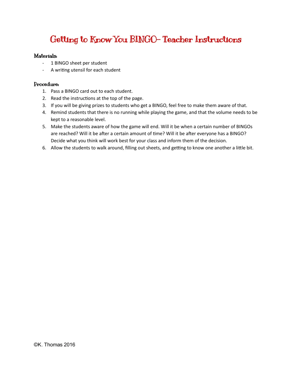 Getting to Know You BINGO teacher instructions: materials list and six steps for running the mingling game and ending it