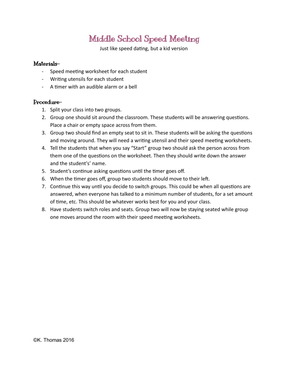 Middle School Speed Meeting directions: two groups rotate on a timer, asking and recording answers to worksheet questions