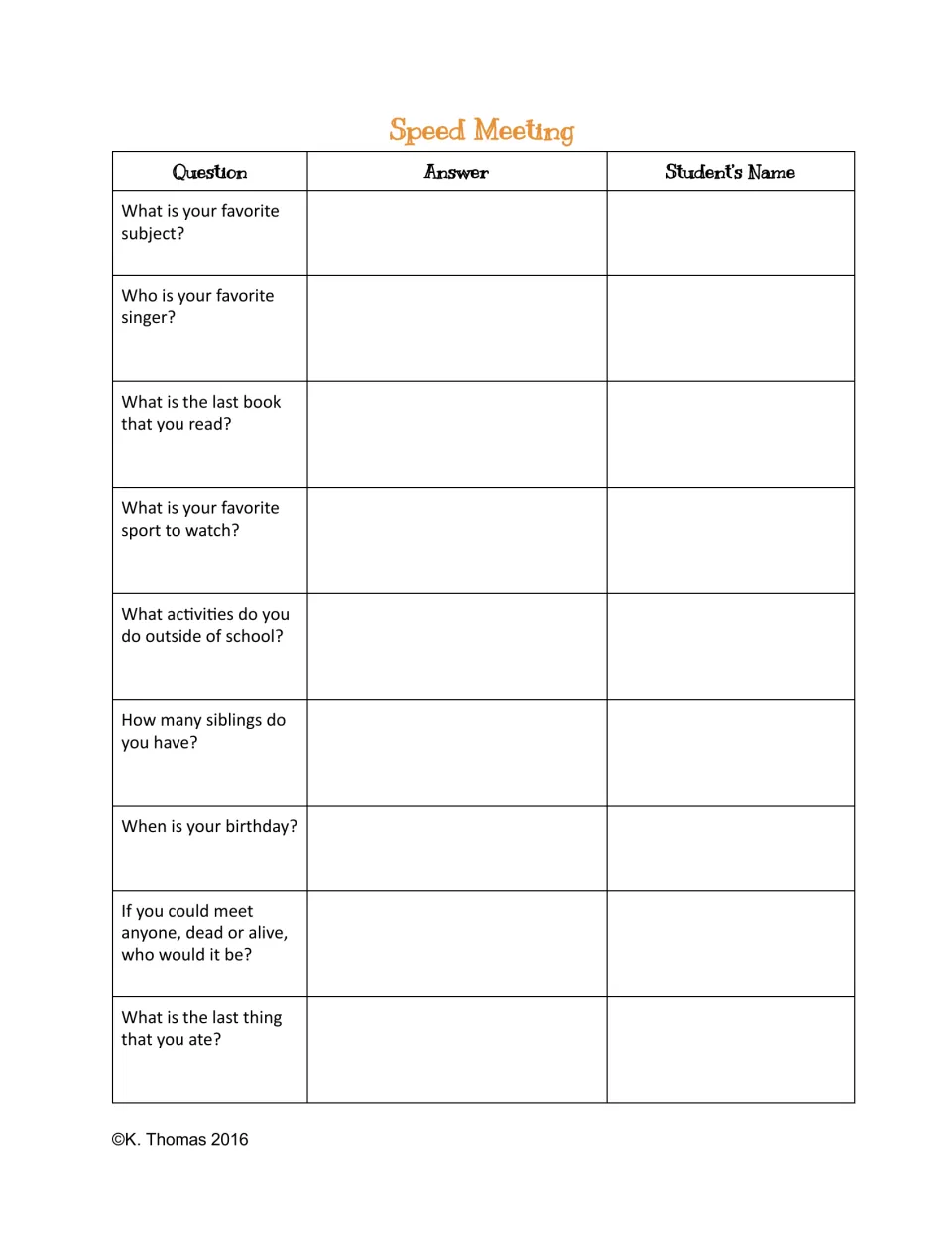 Speed Meeting sheet: students record a classmate's answer and name for questions like favorite subject and last book read