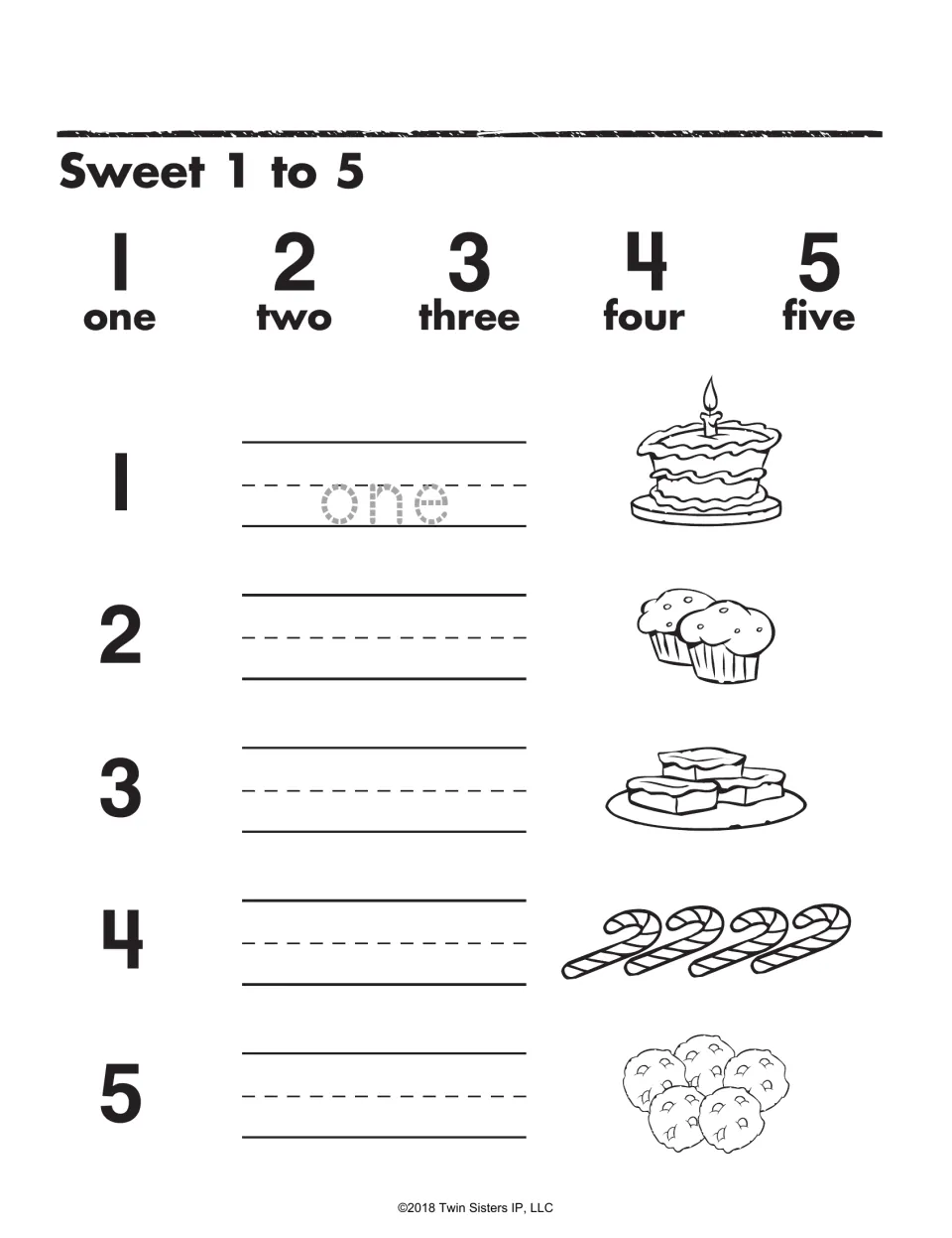 Sweet 1 to 5: students trace and write number words one to five beside a cake, muffins, brownies, candy canes and cookies