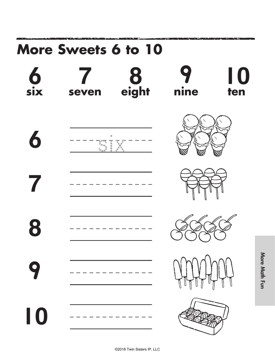 More Sweets 6 to 10: students write number words six to ten next to sets of ice cream cones, lollipops, cherries and candy