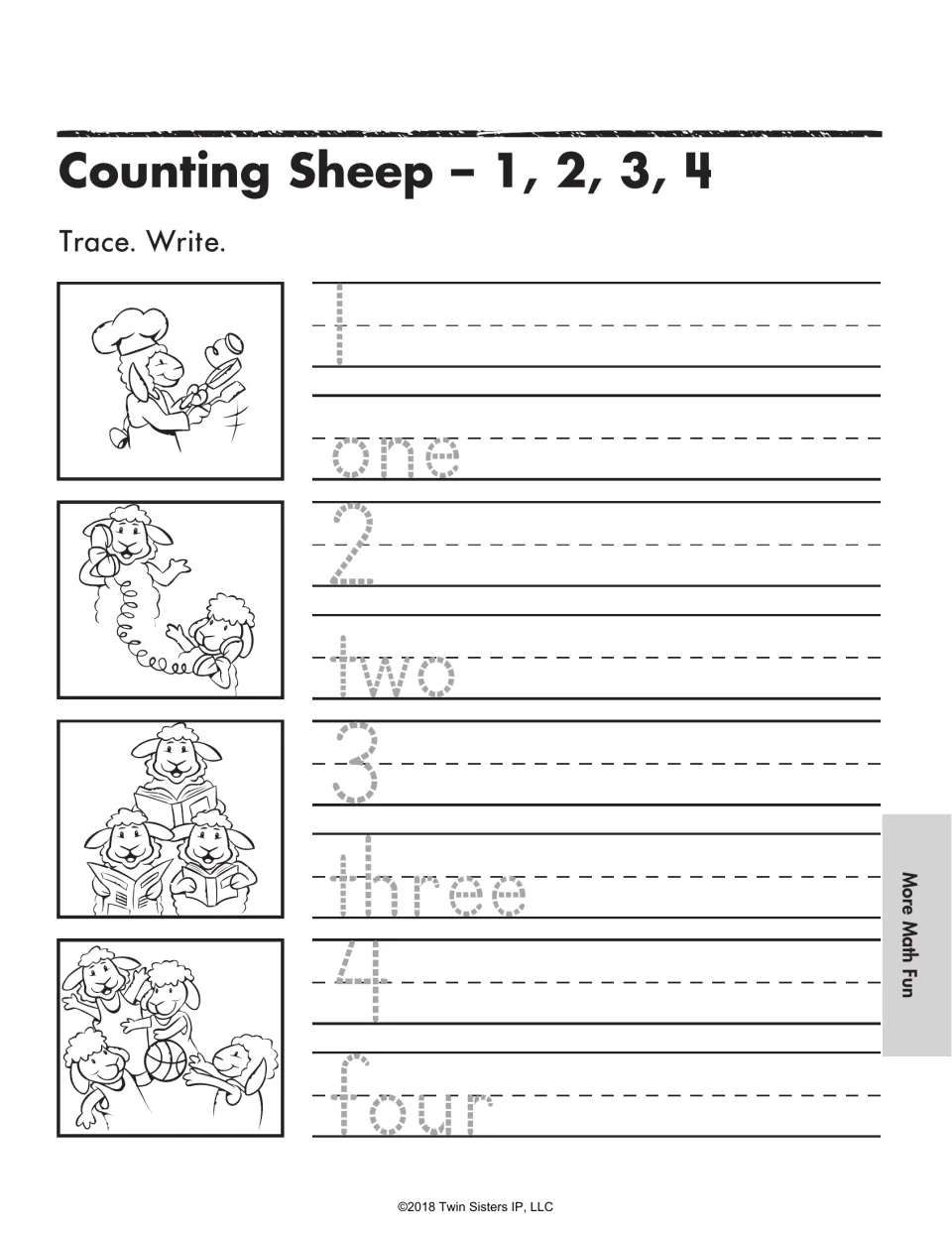 Counting Sheep 1, 2, 3, 4: students trace and write each numeral and its word beside pictures of one to four sheep