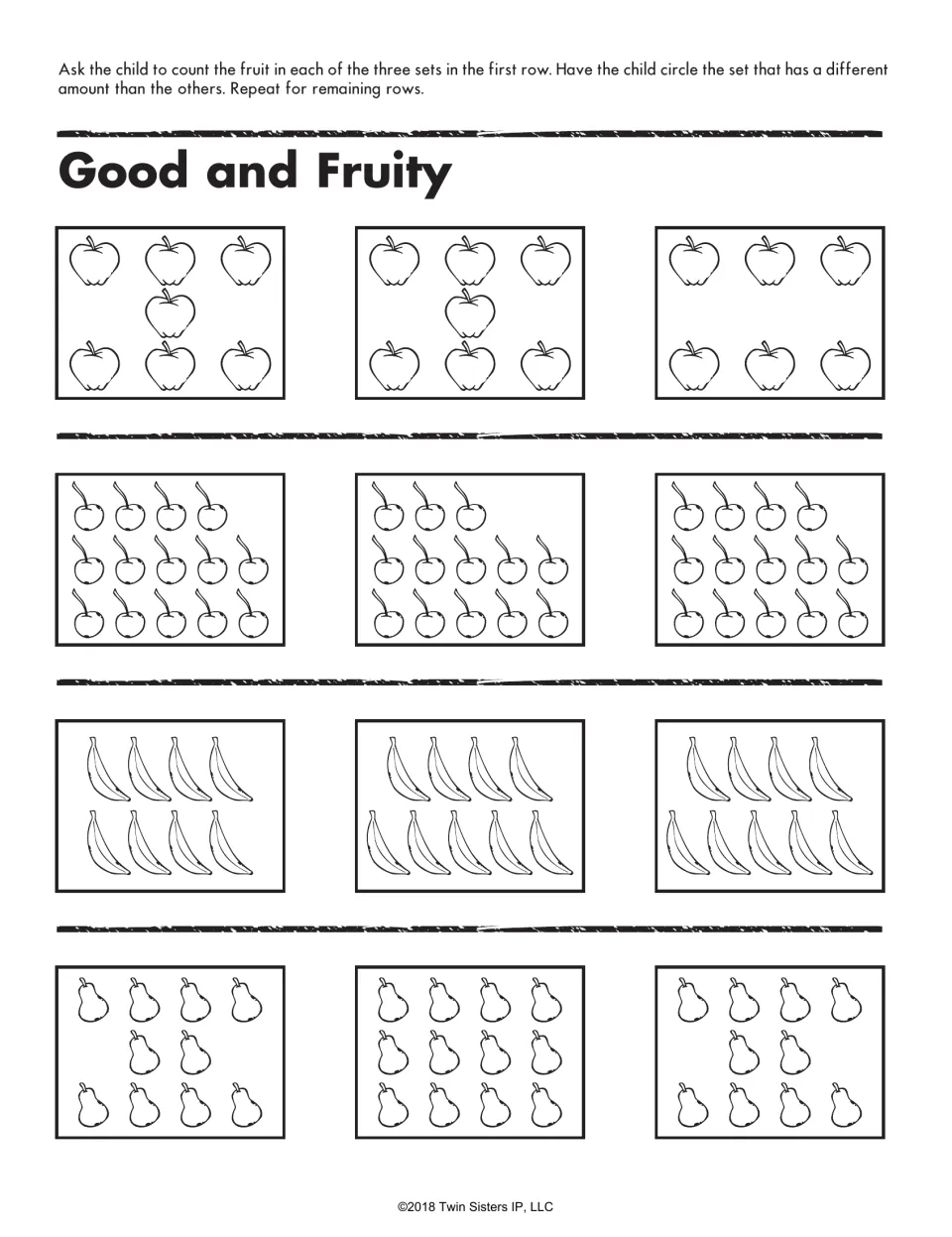 Good and Fruity: students count apples, cherries, bananas and pears in each row of sets and circle the one that differs