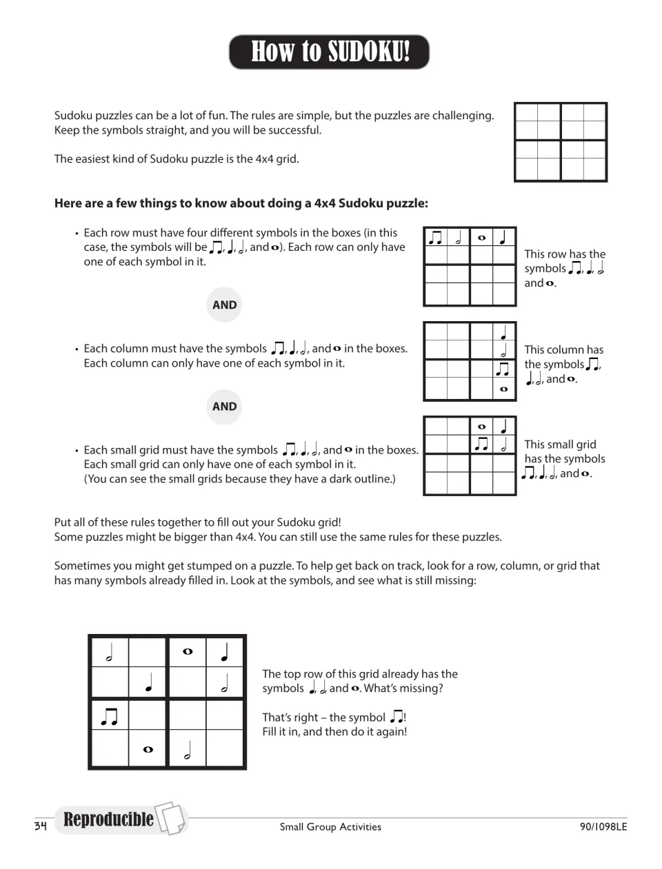 How to Sudoku: rules for a 4x4 puzzle using eighth, quarter, half and whole note symbols, with a missing-symbol example