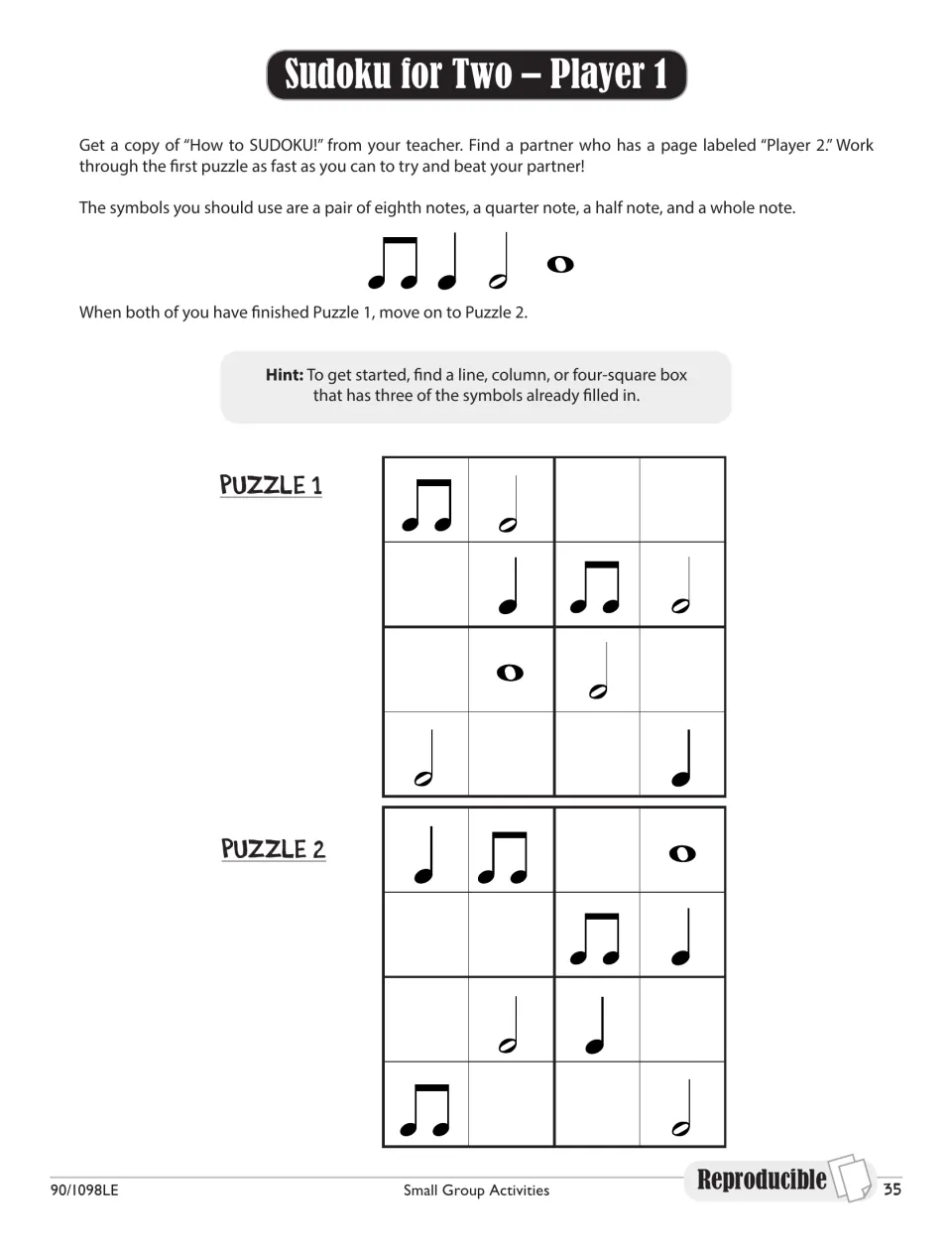 Sudoku for Two, Player 1: students race a partner to solve two 4x4 note-value puzzles, starting where three notes are given