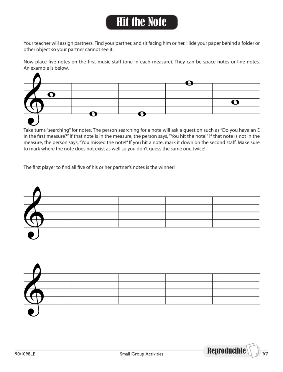 Hit the Note: partners hide five notes on a treble staff and guess note names by measure to find each other's notes