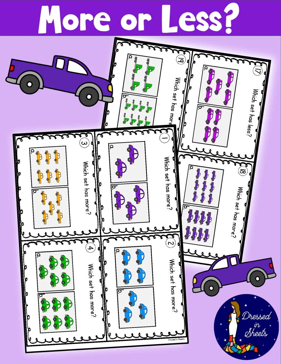 More or Less? cover showing printed task cards where students pick which set of cars and trucks has more or less