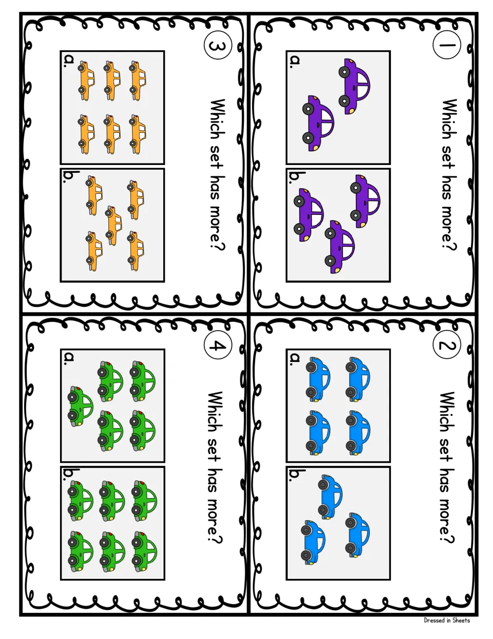 Task cards 1-4: students compare two sets of purple, blue, orange and green cars and choose which set, a or b, has more