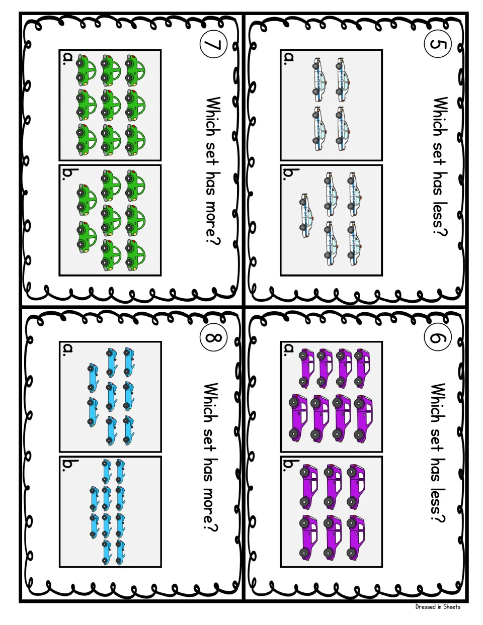 Task cards 5-8: students choose the group with less (police cars, purple vans) or more (green beetles, blue coupes)