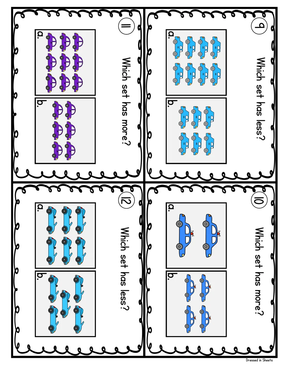 Task cards 9-12: students count sets of blue and purple cars, then choose set a or b to answer which has more or less