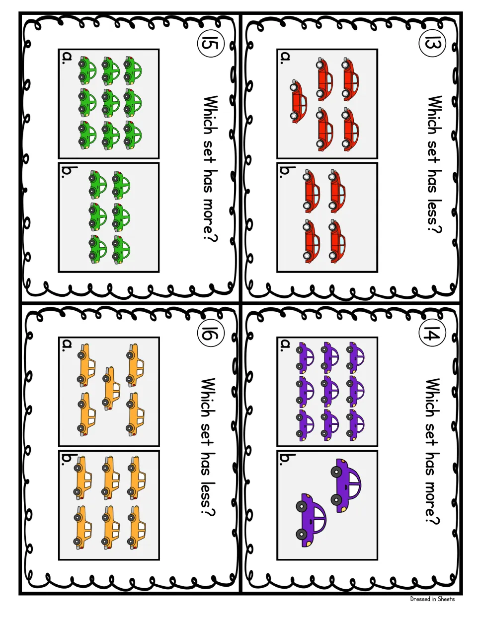 Task cards 13-16: comparing sets of red, purple and green cars and yellow taxis to decide which set has less or more