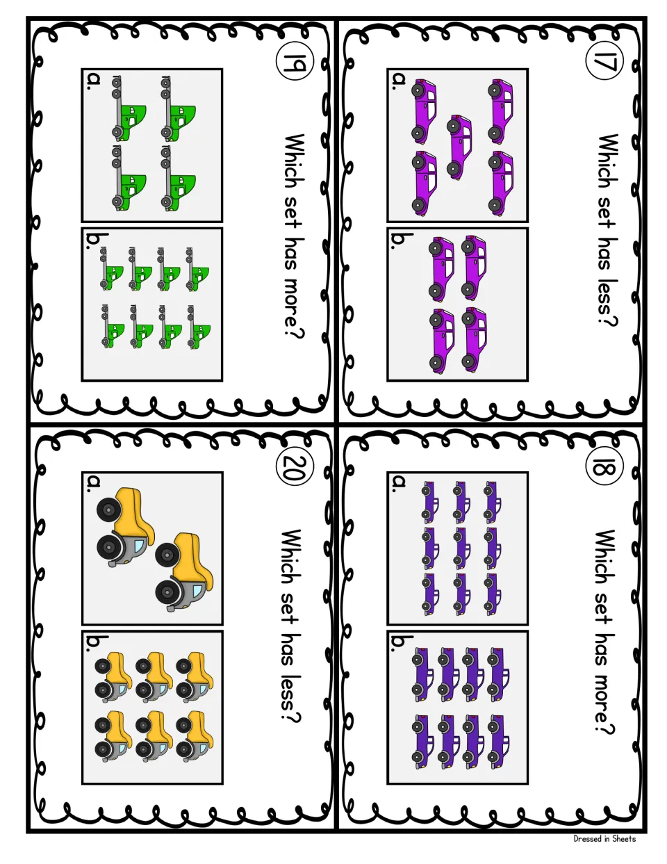 Task cards 17-20: students compare groups of purple SUVs and pickups, green tow trucks and yellow dump trucks for more or less